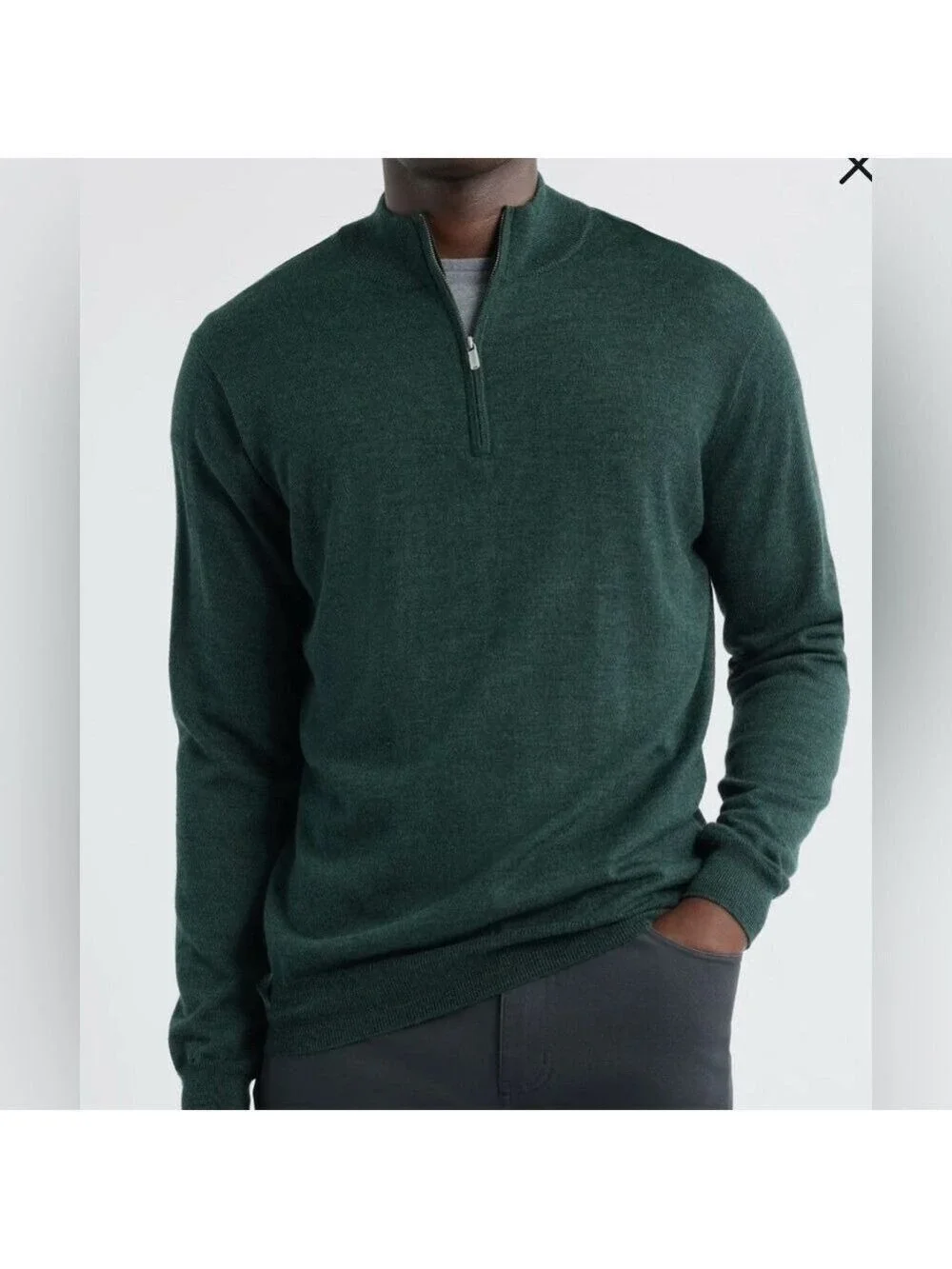 Mango MNG Men Merino Wool Sweater Green 1/4 Zip Size L Lightweight Preppy